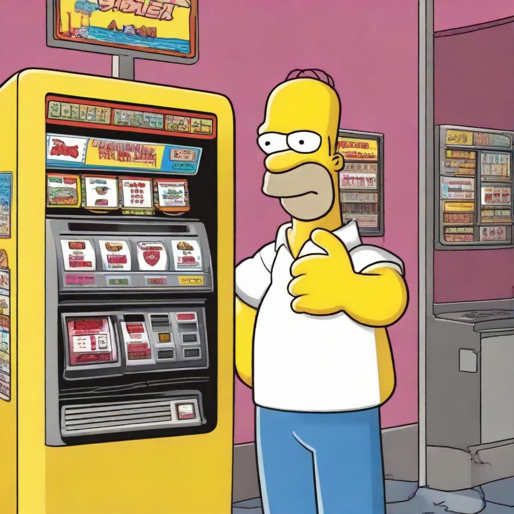 Homer Simpson, the iconic character from The Simpsons, standing proudly outside a bright, idling poker machine