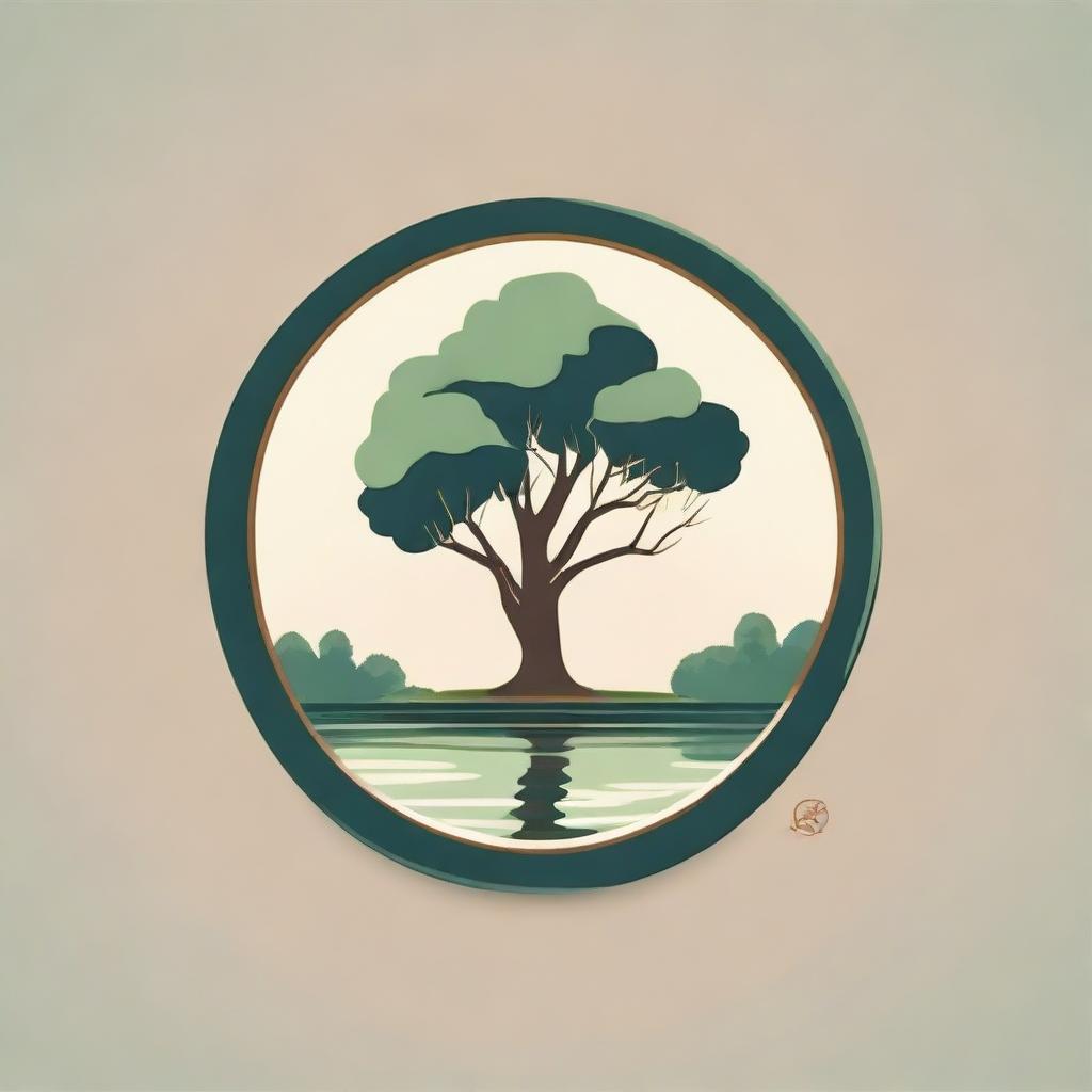 Create a circular logo featuring a gum tree leaning aesthetically with a quaint, picturesque pond in the background, all encompassed within the rural atmosphere of a farm.