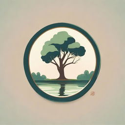 Create a circular logo featuring a gum tree leaning aesthetically with a quaint, picturesque pond in the background, all encompassed within the rural atmosphere of a farm.