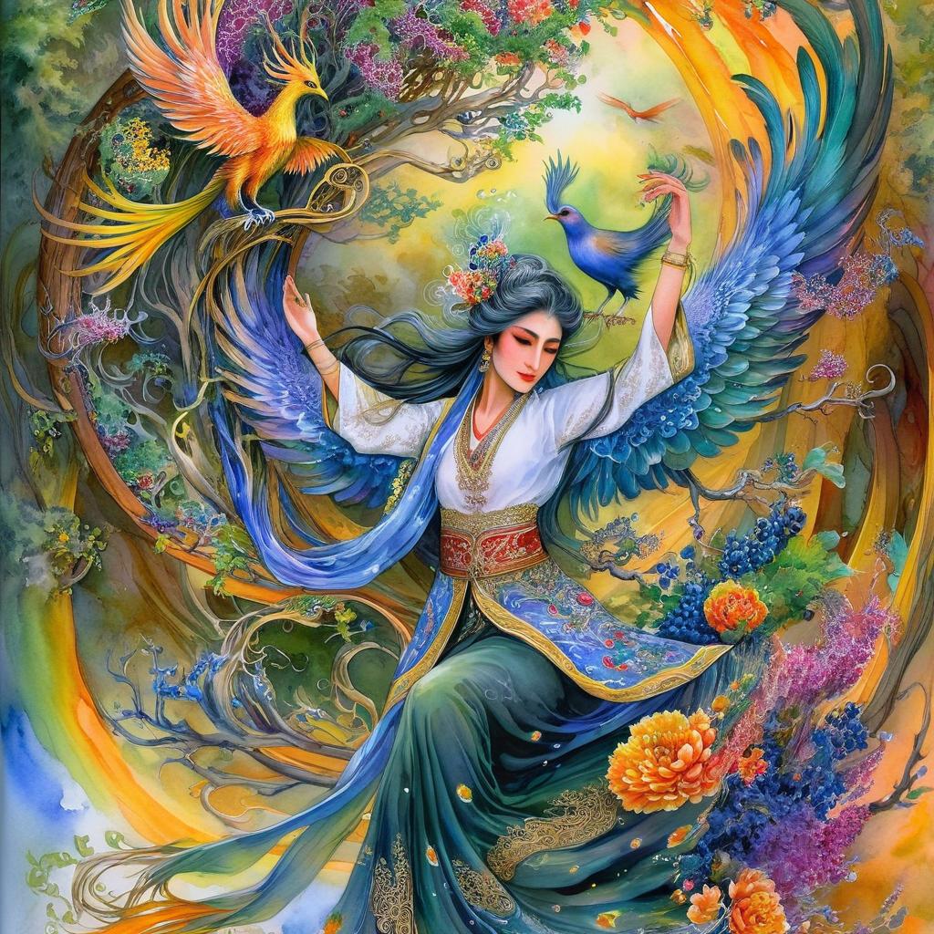 Mystical and spiritual watercolor painting of a beautiful Iranian Phoenix in traditional dress suspended in the air in a swirl of multi-colored flowers, a maze of asymmetrical bonsai trees, a whirlwind of beautiful birds, and a forest of grapevines in a spectrum of green, yellow, and blue