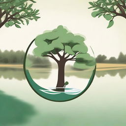 Create a circular logo featuring a gum tree leaning aesthetically with a quaint, picturesque pond in the background, all encompassed within the rural atmosphere of a farm.