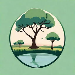 Create a circular logo featuring a gum tree leaning aesthetically with a quaint, picturesque pond in the background, all encompassed within the rural atmosphere of a farm.