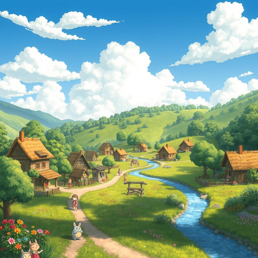 A whimsical landscape inspired by Studio Ghibli, featuring a vibrant village nestled in a lush valley