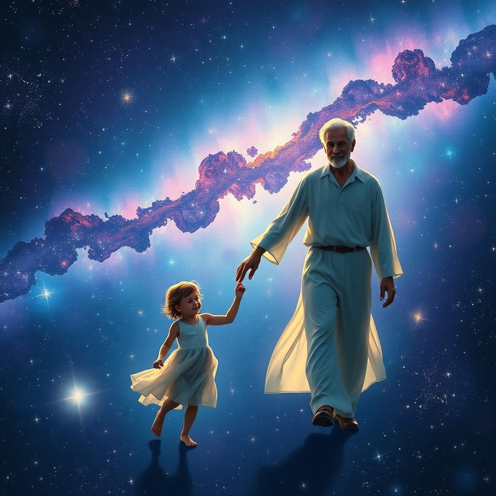 A breathtaking scene of a man holding a younger version of himself by the hand as they stroll together among a vast expanse of stars, surrounded by vibrant galaxies and twinkling celestial lights