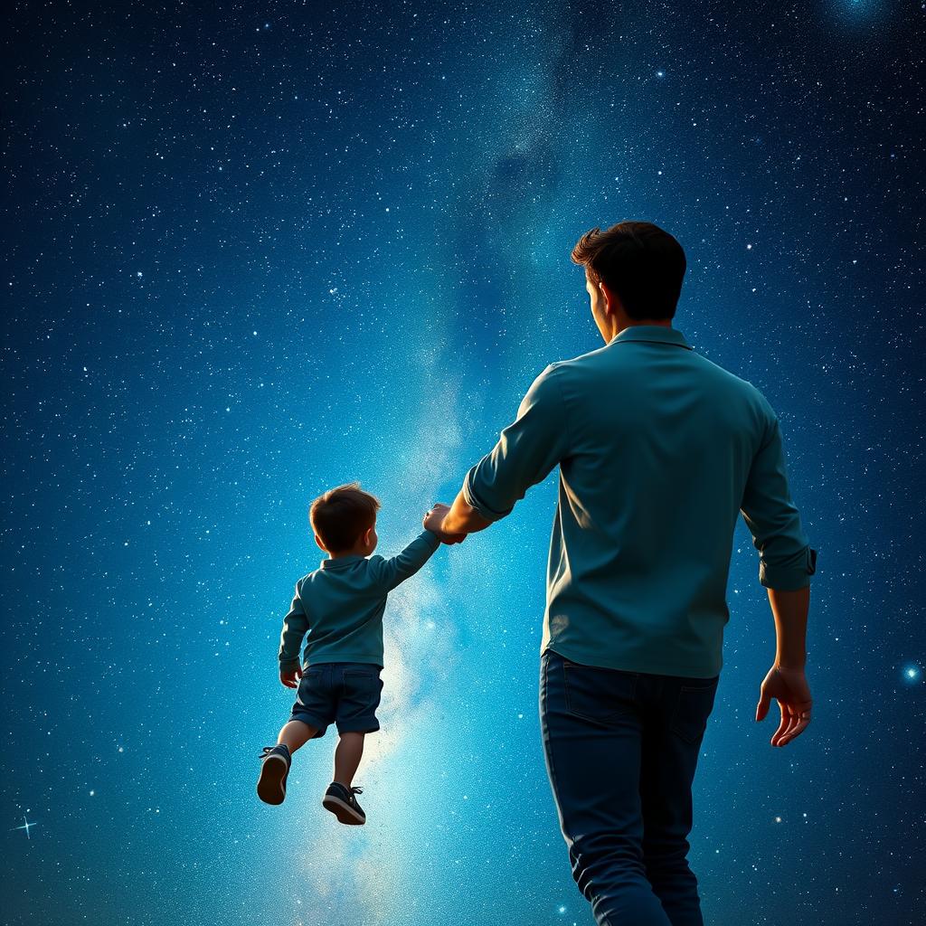 An adult 25-year-old brunette man holding a younger version of himself by the hand, walking among the stars in a vast cosmic landscape