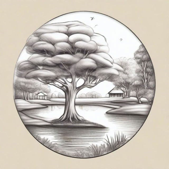 Refine the previous circular farm logo into a pencil sketch style, keeping the aesthetically leaning gum tree and quaint, picturesque pond in the background.