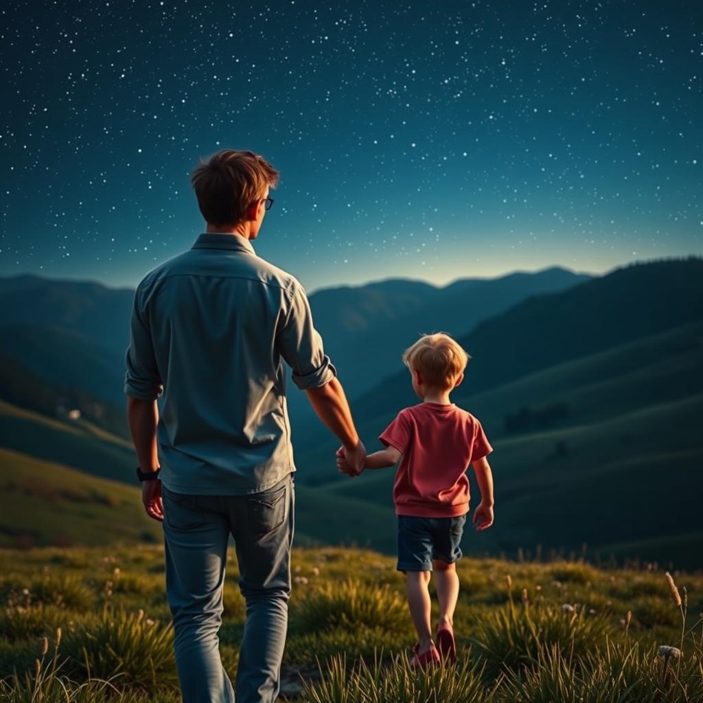 An adult 25-year-old brunette man holding a younger version of himself by the hand, walking in a lush valley illuminated by the stars