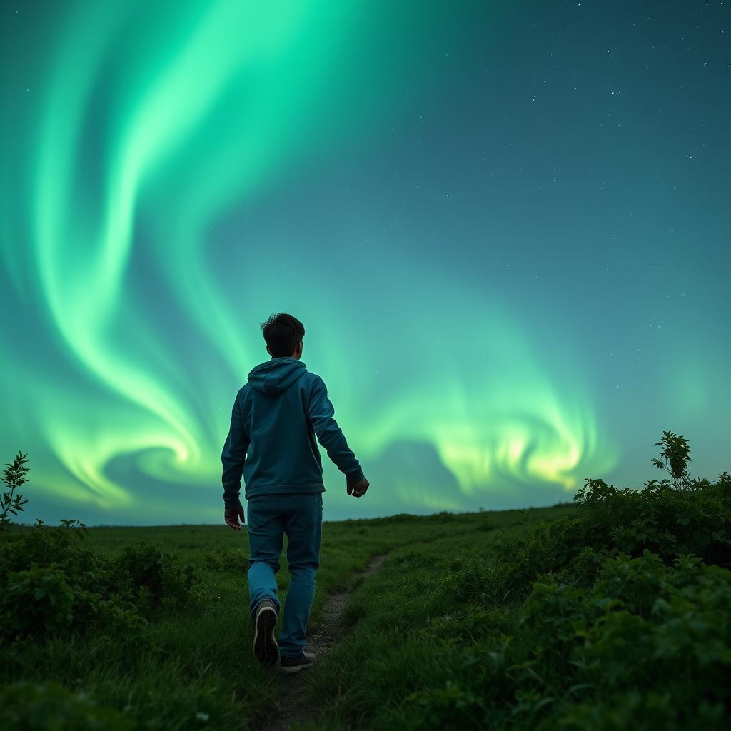 An adult 25-year-old brunette man holding a younger version of himself by the hand, walking in open nature under a mesmerizing display of the aurora borealis and a starlit sky