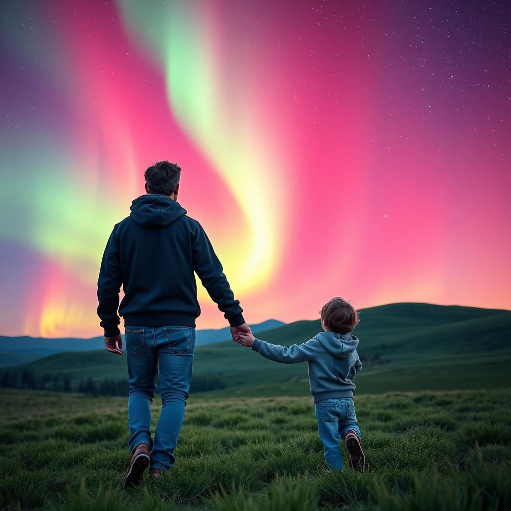 An adult 25-year-old brunette man holding a younger version of himself by the hand, walking in open nature under a stunning display of the aurora borealis and a star-filled sky