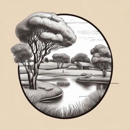 Refine the previous circular farm logo into a pencil sketch style, keeping the aesthetically leaning gum tree and quaint, picturesque pond in the background.