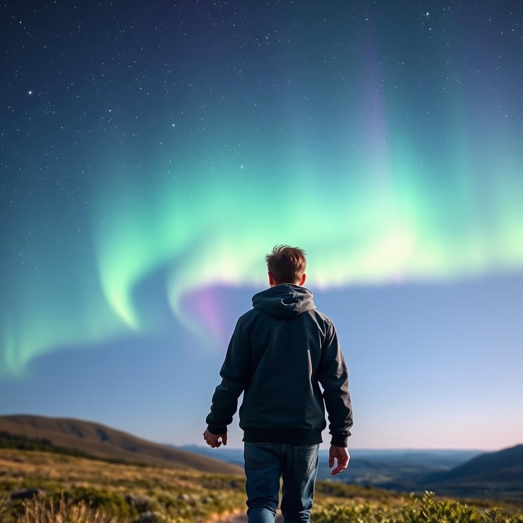 An adult 25-year-old brunette man holding a younger version of himself by the hand, walking together in open nature beneath a breathtaking sky filled with twinkling stars and a vibrant, dancing aurora borealis