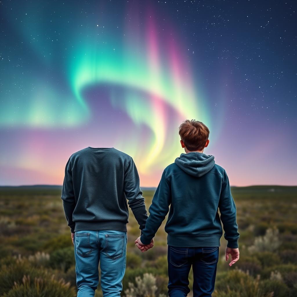 An adult 25-year-old brunette man holding a younger version of himself by the hand, walking together in open nature beneath a sky full of shimmering stars and a captivating, dancing aurora borealis