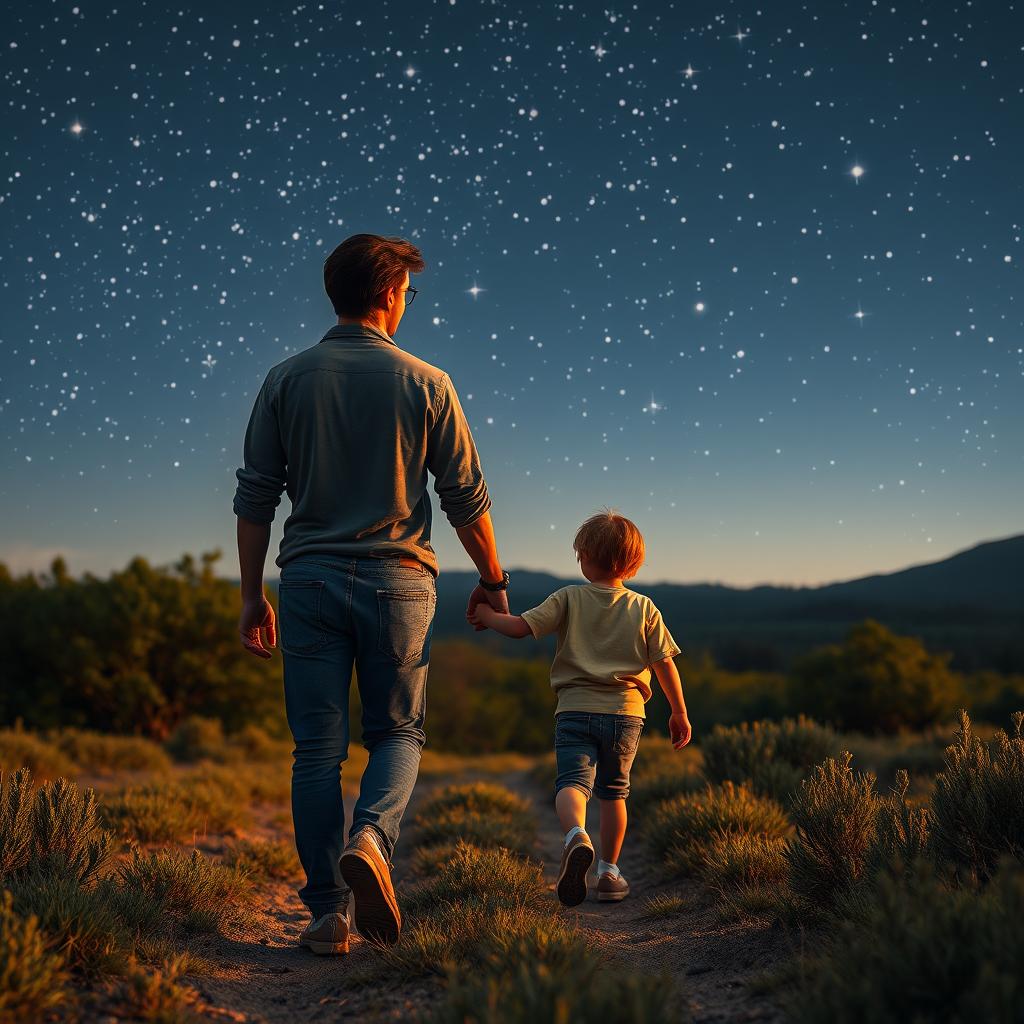 An adult 25-year-old brunette male holding hands with a younger version of himself, both walking together in an open natural landscape