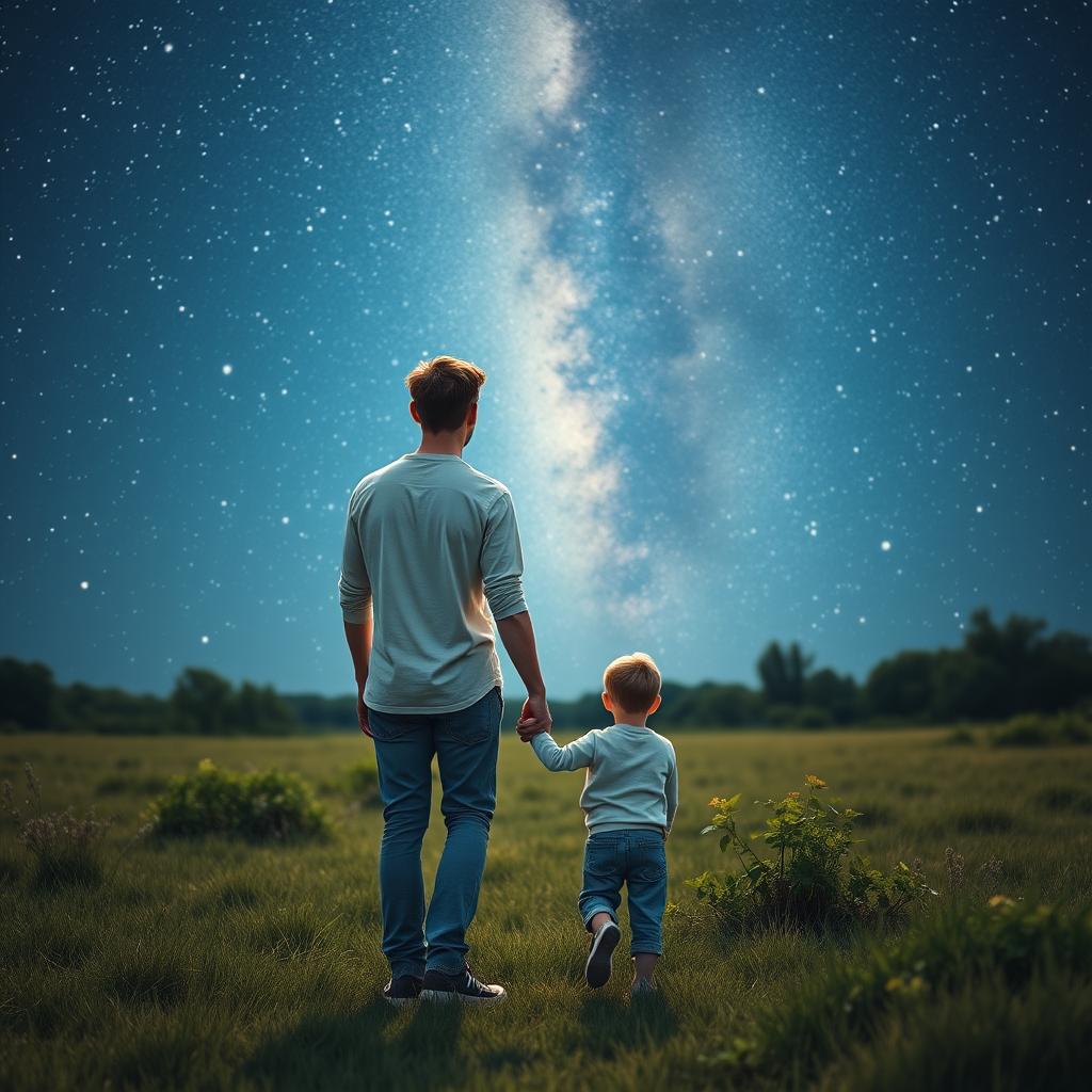 An adult 25-year-old brunette male holding the hand of a younger version of himself, walking together in open nature under a starry sky, capturing the bond and connection between two versions of the same person