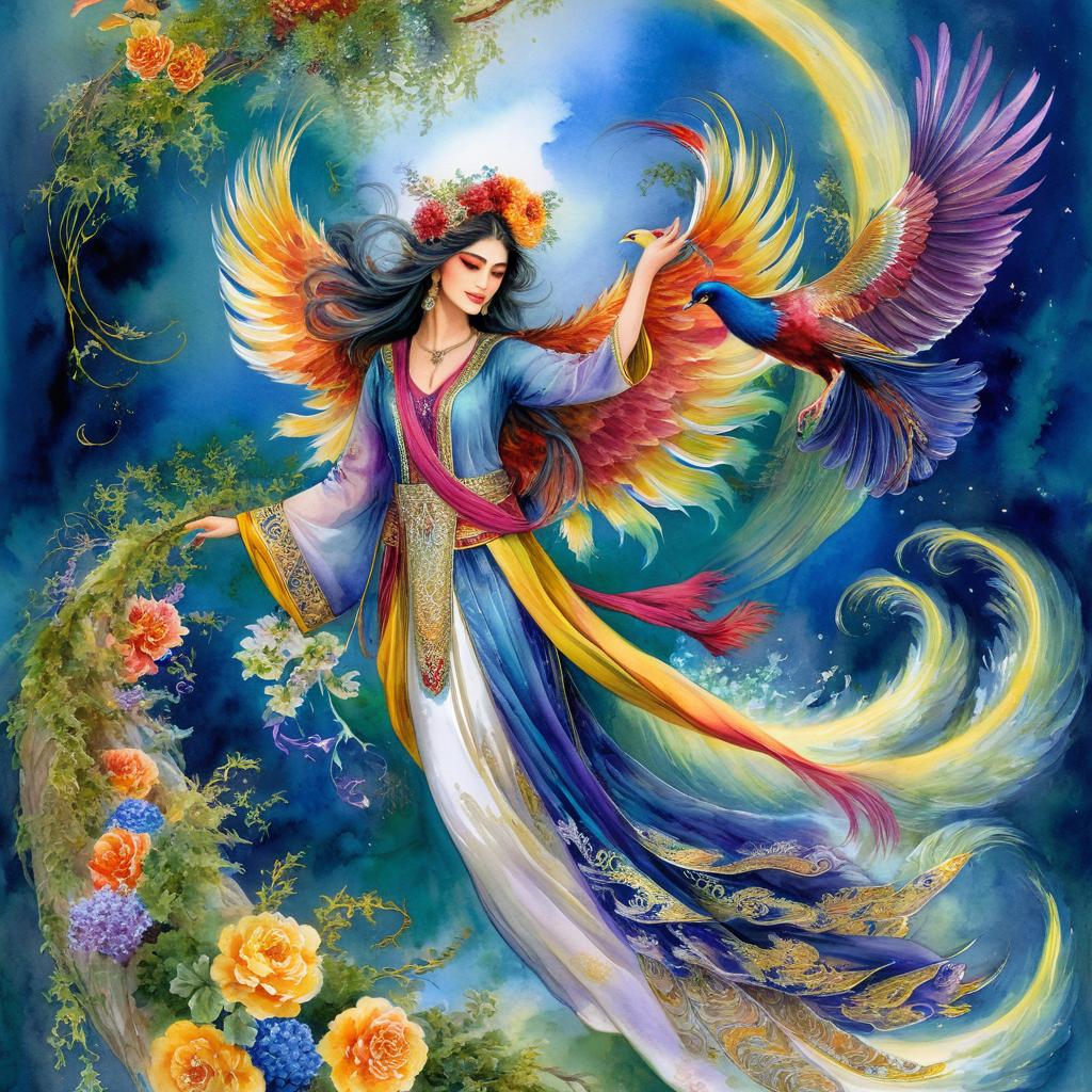Mystical and spiritual watercolor painting of a beautiful Iranian Phoenix in traditional dress suspended in the air in a swirl of multi-colored flowers, a maze of asymmetrical bonsai trees, a whirlwind of beautiful birds, and a forest of grapevines in a spectrum of green, yellow, and blue