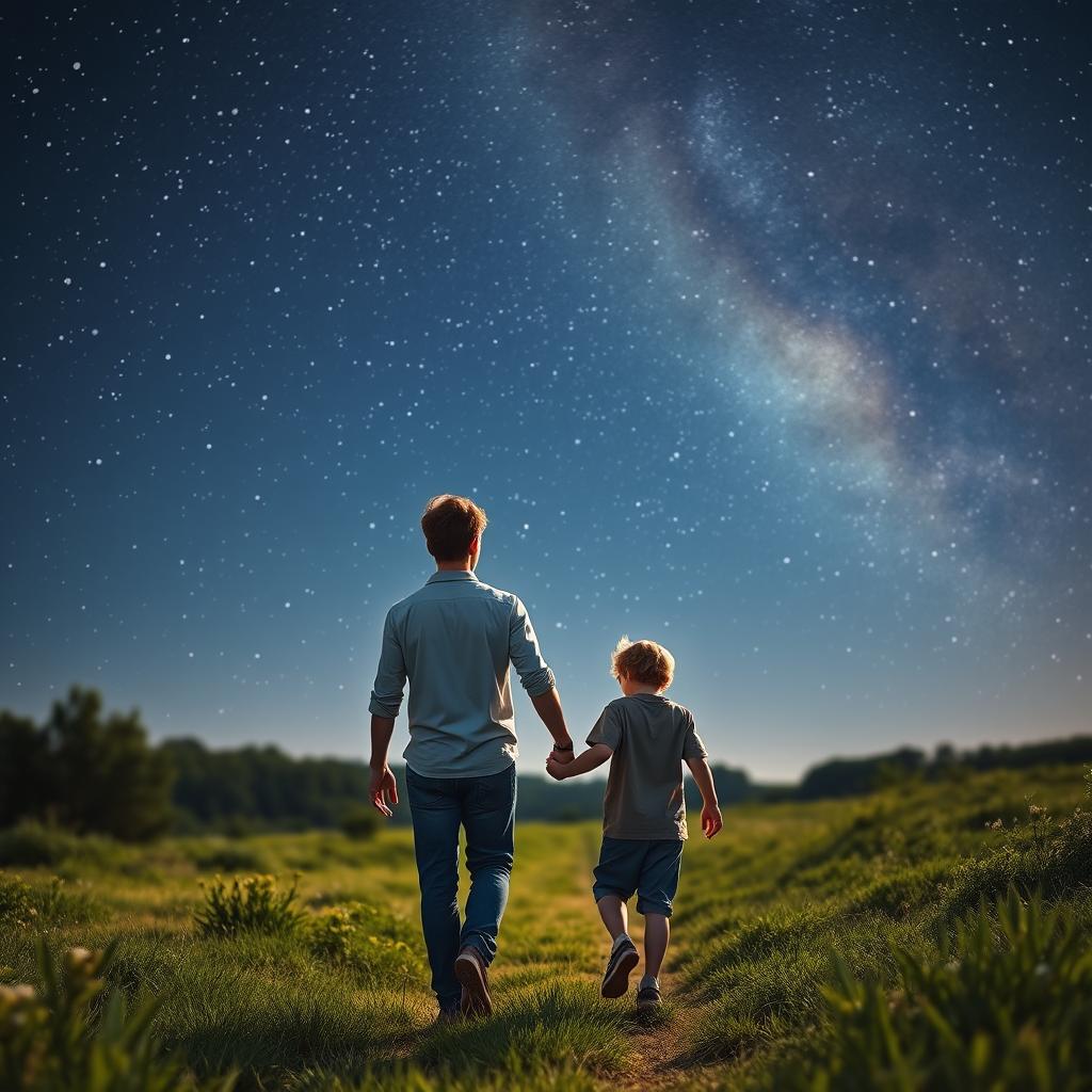 An adult 25-year-old brunette male holding the hand of a younger version of himself, walking together in open nature at night under a sky full of stars