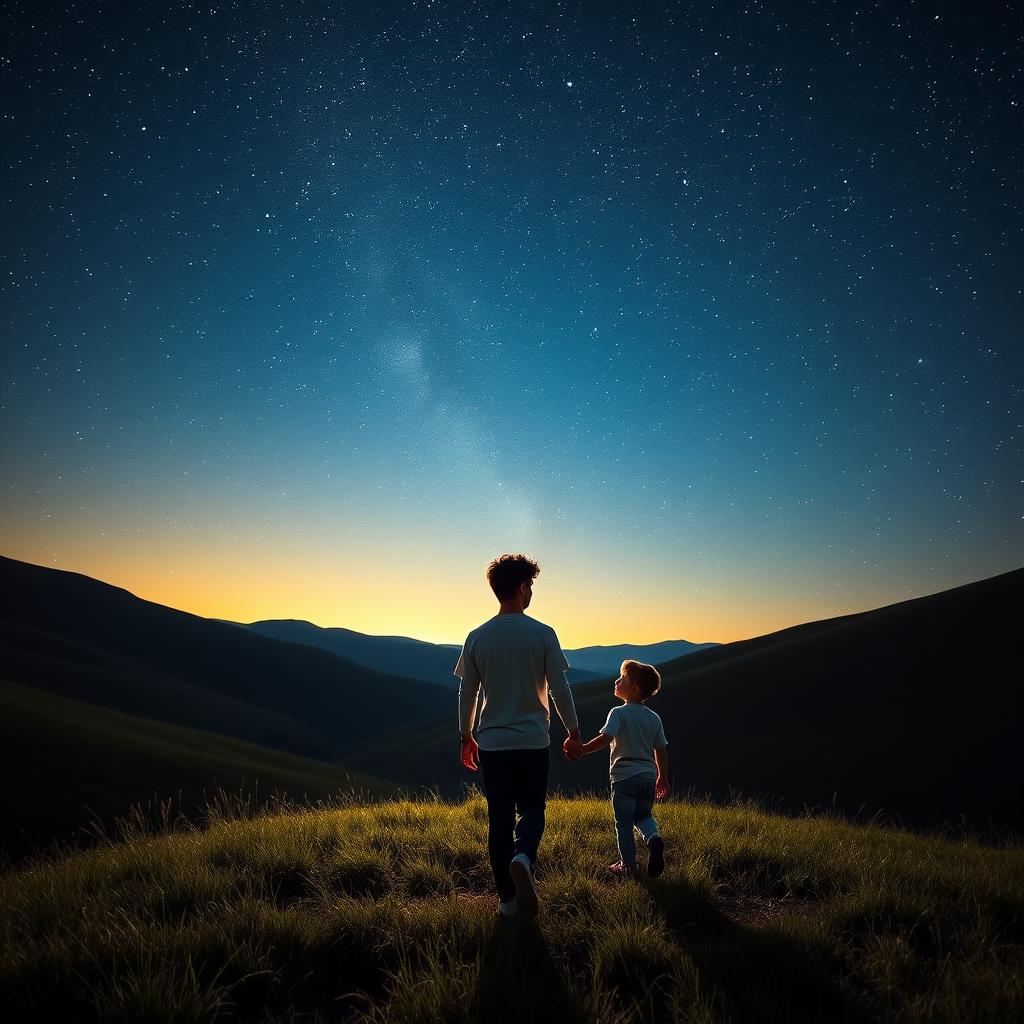 A 25-year-old brunette adult walking hand in hand with a younger version of himself in a serene natural landscape at night