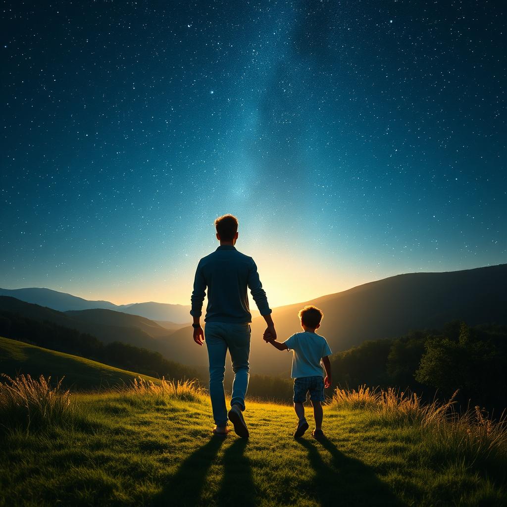 A 25-year-old brunette adult walking hand in hand with a younger version of himself in a beautiful natural landscape at night