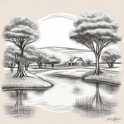 Refine the previous circular farm logo into a pencil sketch style, keeping the aesthetically leaning gum tree and quaint, picturesque pond in the background.