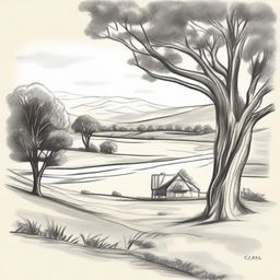 Adjust the pencil sketch styled farm logo to position the gum tree in the foreground. Change the perspective to top of a rolling paddock hill, overlooking down towards the pond nestled at the bottom of the hill.