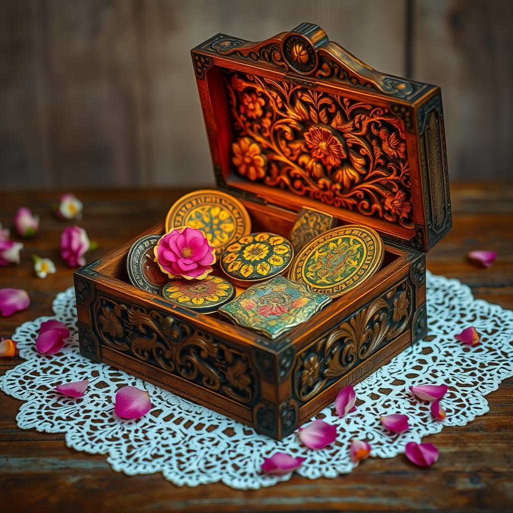 A beautiful old wooden box intricately carved with floral motifs and antique details