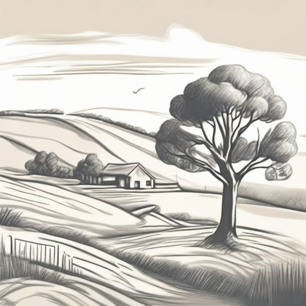 Adjust the pencil sketch styled farm logo to position the gum tree in the foreground. Change the perspective to top of a rolling paddock hill, overlooking down towards the pond nestled at the bottom of the hill.