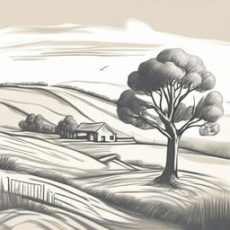 Adjust the pencil sketch styled farm logo to position the gum tree in the foreground. Change the perspective to top of a rolling paddock hill, overlooking down towards the pond nestled at the bottom of the hill.