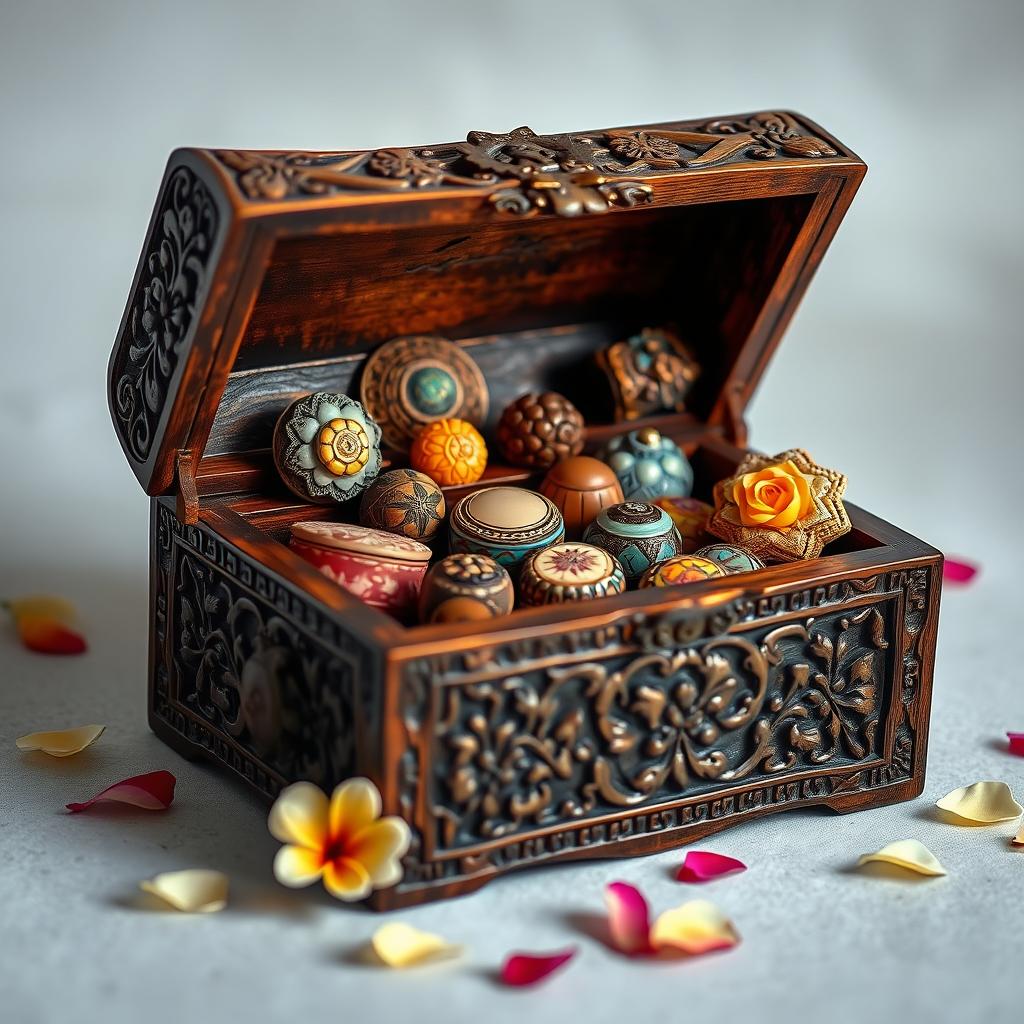 A beautifully crafted old wooden box with intricate carvings depicting floral and geometric patterns