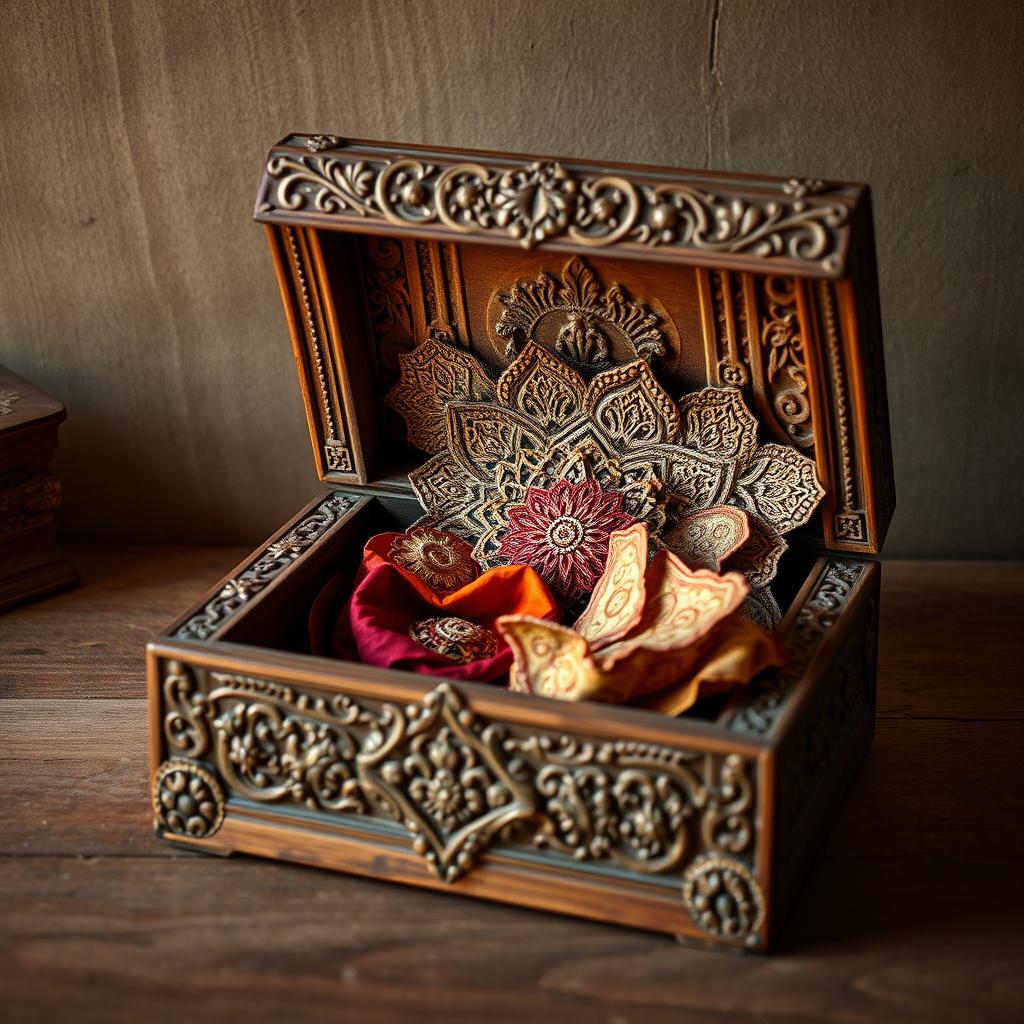 A beautiful old wooden box adorned with intricate carvings, showcasing elaborate floral and geometric designs