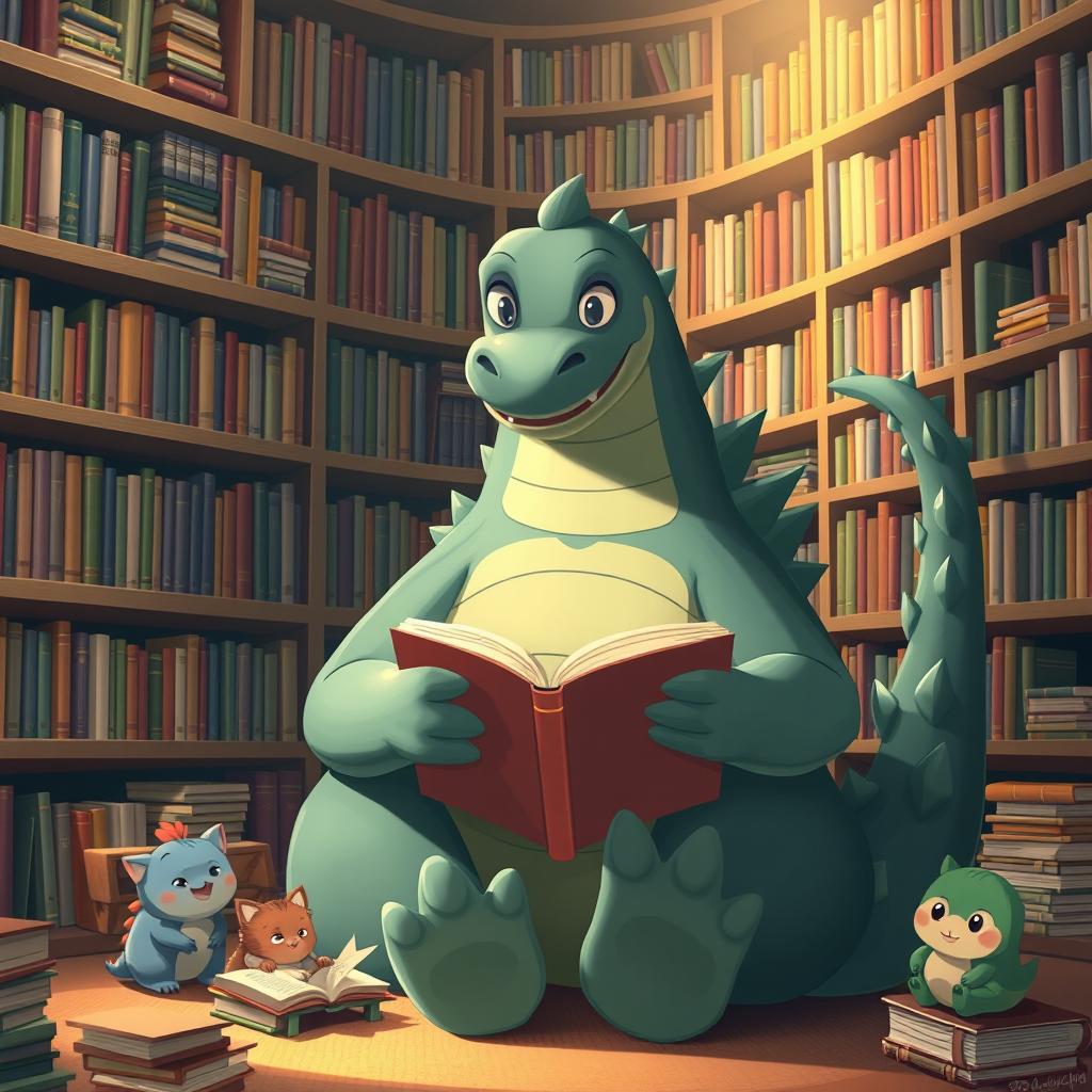 An animated Godzilla, large and friendly, sitting comfortably in a cozy library surrounded by towering bookshelves filled with colorful books
