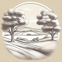 Adjust the pencil sketch styled farm logo to position the gum tree in the foreground. Change the perspective to top of a rolling paddock hill, overlooking down towards the pond nestled at the bottom of the hill.