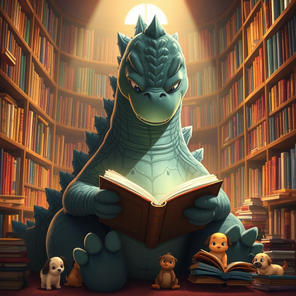 A beautifully rendered animated Godzilla, large yet friendly, sitting in a cozy, vibrant library filled with towering bookshelves bursting with a rainbow of colorful books