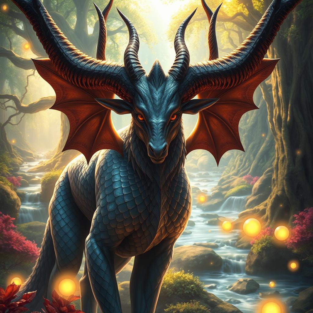 A stunning portrait of a mythical creature, the Nimerkhus, characterized by majestic horns, shimmering scales, and an ethereal appearance