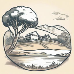 Modify the pencil sketch styled farm logo to have a perspective from the top of the hill, with the gum tree in the foreground and the picturesque pond at the bottom of the hill.