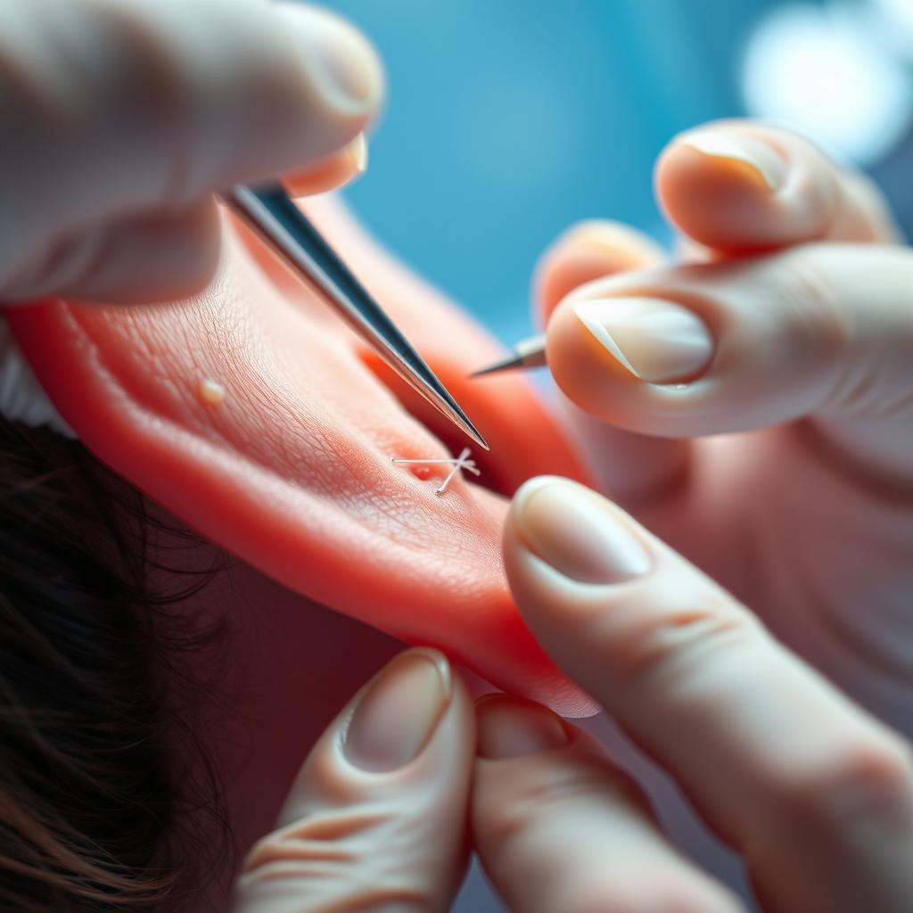 A close-up view of an ear being gently repaired by a skilled professional in a sterilized clinical setting