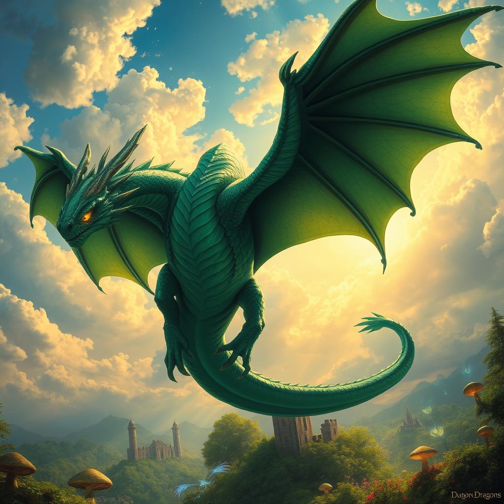 A fantastical Dungeons & Dragons creature, a majestic dragon with shimmering emerald scales and glowing golden eyes, soaring through a vibrant sky filled with fluffy clouds