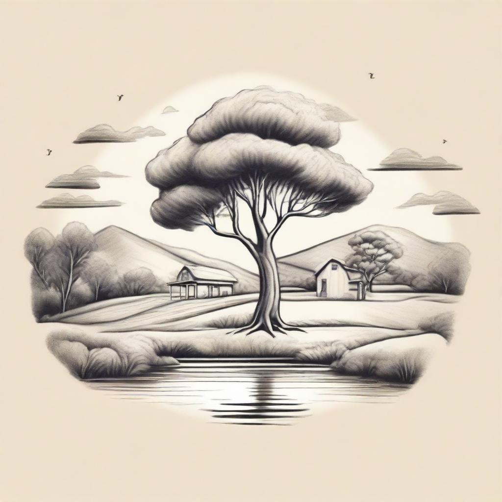 Modify the pencil sketch styled farm logo to have a perspective from the top of the hill, with the gum tree in the foreground and the picturesque pond at the bottom of the hill.