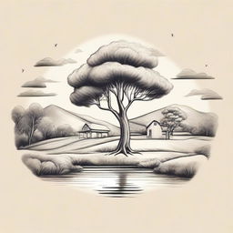 Modify the pencil sketch styled farm logo to have a perspective from the top of the hill, with the gum tree in the foreground and the picturesque pond at the bottom of the hill.