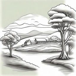 Modify the pencil sketch styled farm logo to have a perspective from the top of the hill, with the gum tree in the foreground and the picturesque pond at the bottom of the hill.