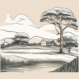 Modify the pencil sketch styled farm logo to have a perspective from the top of the hill, with the gum tree in the foreground and the picturesque pond at the bottom of the hill.