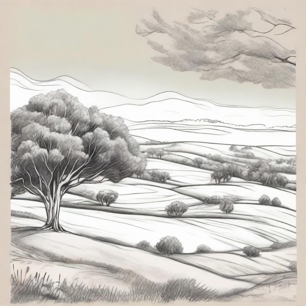 Adjust the pencil sketch styled farm logo to position the gum tree in the foreground. Change the perspective to top of a rolling paddock hill, overlooking down towards the pond nestled at the bottom of the hill.