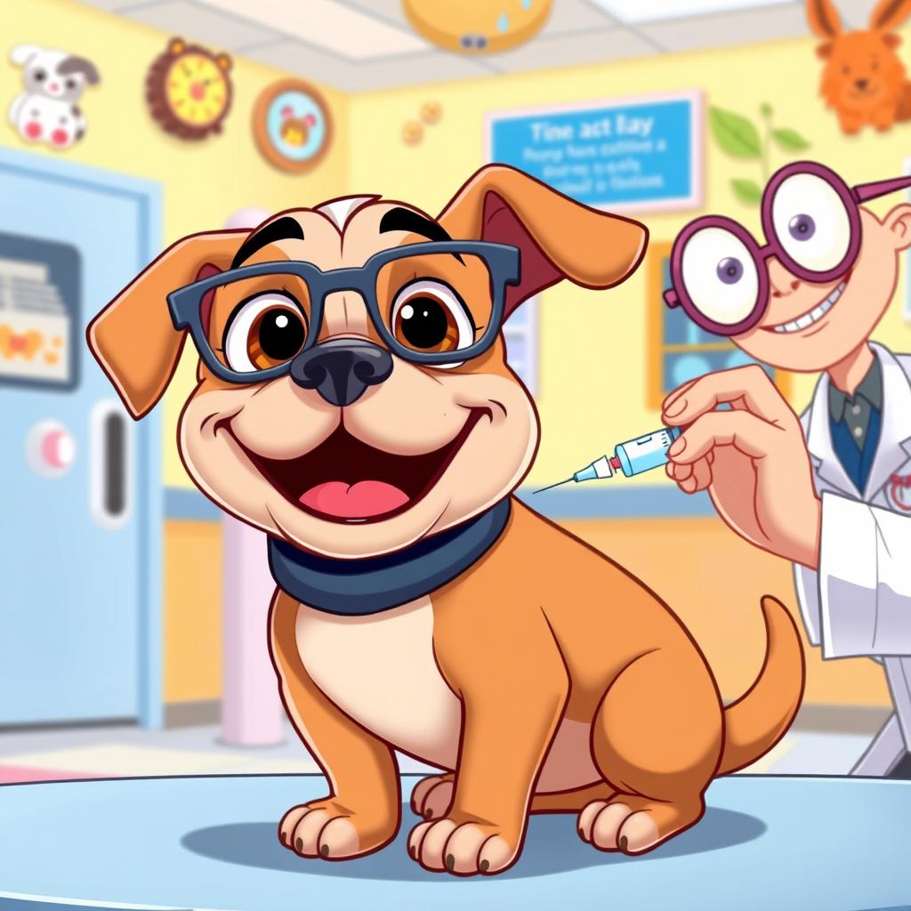 A cartoon-style playful dog receiving a rabies vaccine shot at a colorful veterinary clinic