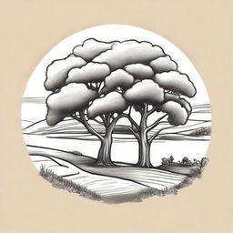 Adjust the pencil sketch styled farm logo to position the gum tree in the foreground. Change the perspective to top of a rolling paddock hill, overlooking down towards the pond nestled at the bottom of the hill.