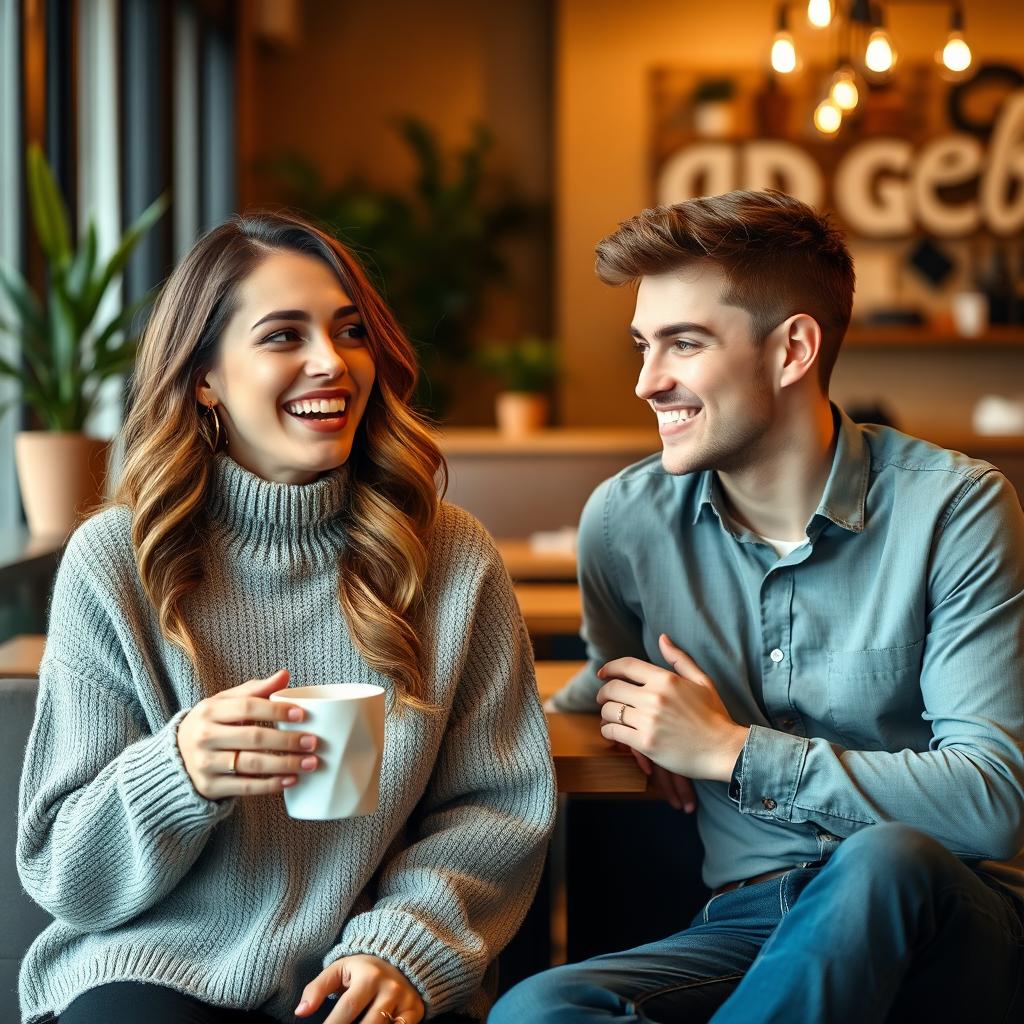 A carefully composed image showing two individuals sitting next to each other in a cozy café setting