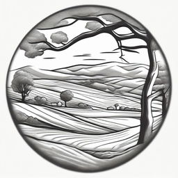 Adjust the pencil sketch styled farm logo to position the gum tree in the foreground. Change the perspective to top of a rolling paddock hill, overlooking down towards the pond nestled at the bottom of the hill.