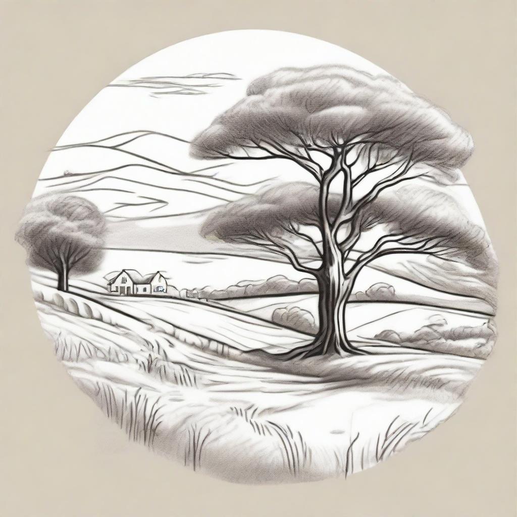 Adjust the pencil sketch styled farm logo to position the gum tree in the foreground. Change the perspective to top of a rolling paddock hill, overlooking down towards the pond nestled at the bottom of the hill.