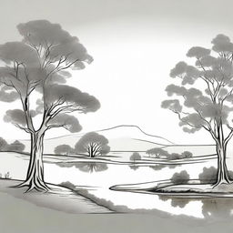 Transform the farm logo into an outline drawing, maintaining the same elements: a gum tree in the foreground, a perspective from the top of a paddock hill, overlooking a pond at the bottom.