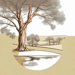 Transform the farm logo into an outline drawing, maintaining the same elements: a gum tree in the foreground, a perspective from the top of a paddock hill, overlooking a pond at the bottom.