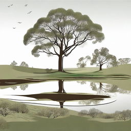 Transform the farm logo into an outline drawing, maintaining the same elements: a gum tree in the foreground, a perspective from the top of a paddock hill, overlooking a pond at the bottom.