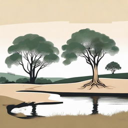 Transform the farm logo into an outline drawing, maintaining the same elements: a gum tree in the foreground, a perspective from the top of a paddock hill, overlooking a pond at the bottom.